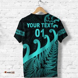 custom personalised new zealand rugby maori t shirt silver fern koru vibes turquoise