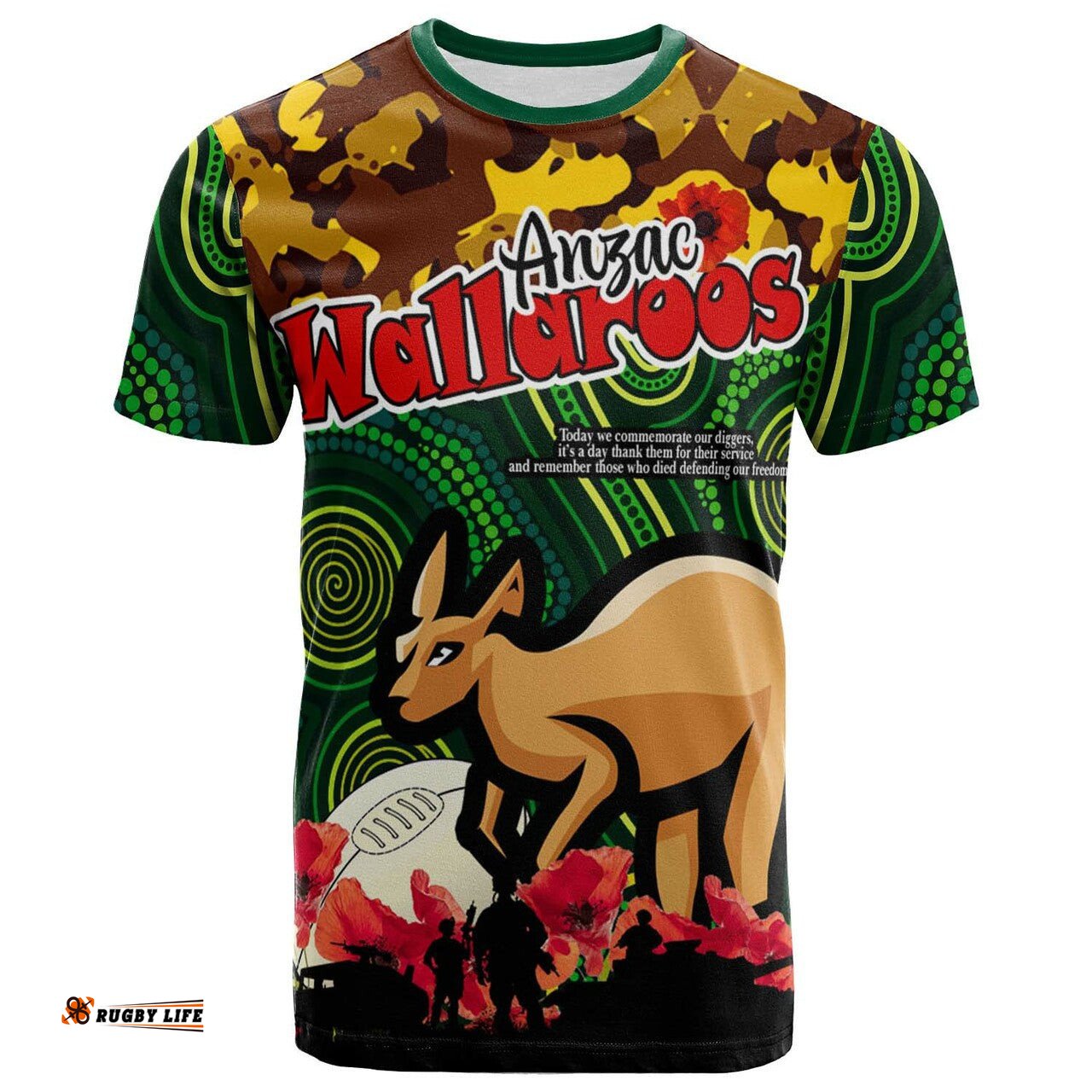 wallaroos rugby t shirt anzac day wallaroos with aboriginal pattern t shirt 0