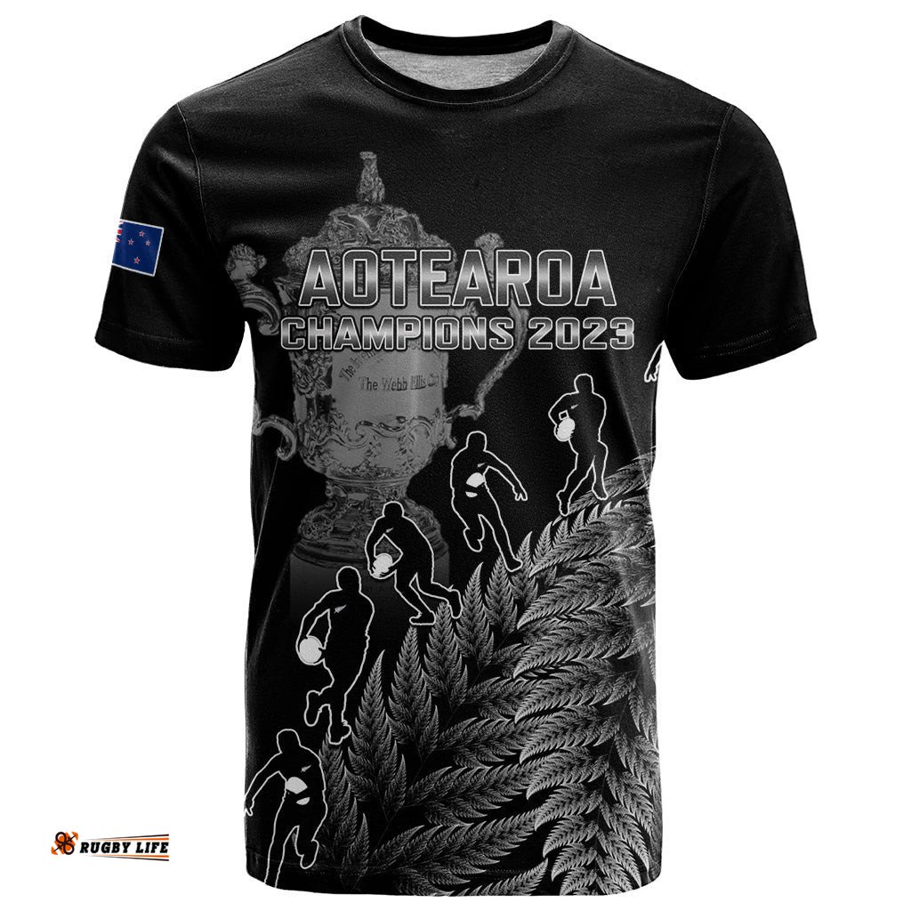 custom new zealand silver fern rugby t shirt all black go champions 2023 with trophy proud