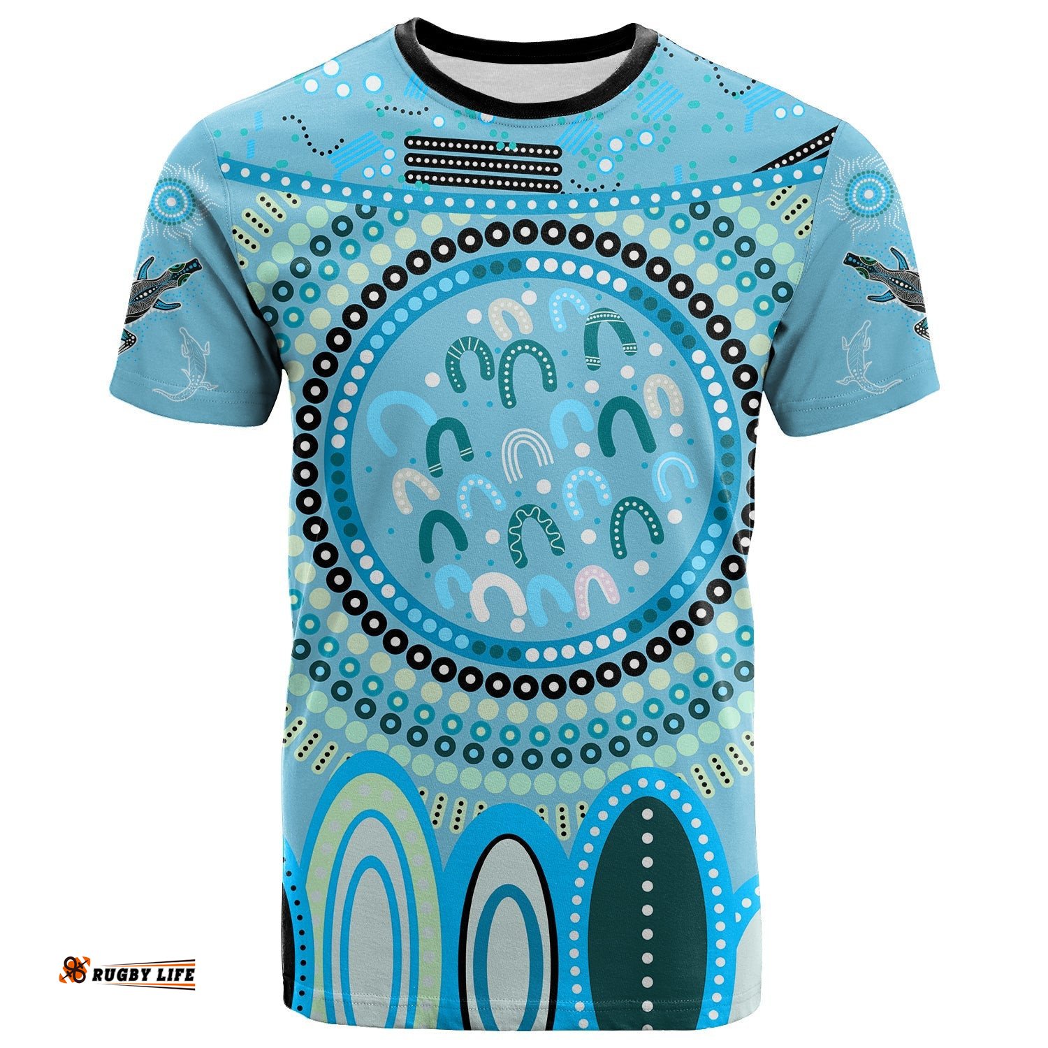 custom text and number aboriginal stand up t shirt circle dot with lizard version blue