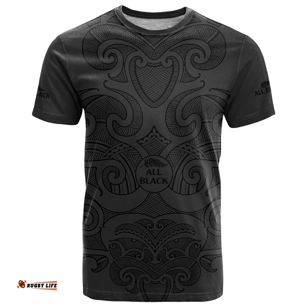 custom text and number new zealand rugby t shirt all black fern with maori tribal pattern