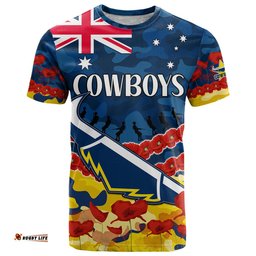 custom text and number cowboys rugby anzac t shirt lest we forget