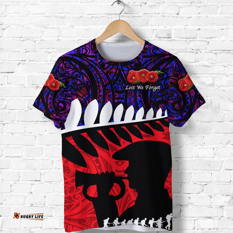 custom personalised new zealand maori anzac t shirt remembrance soldier purple
