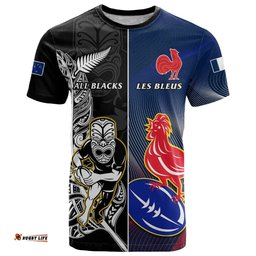 new zealand and france rugby t shirt all black with les bleus together 2023 world cup