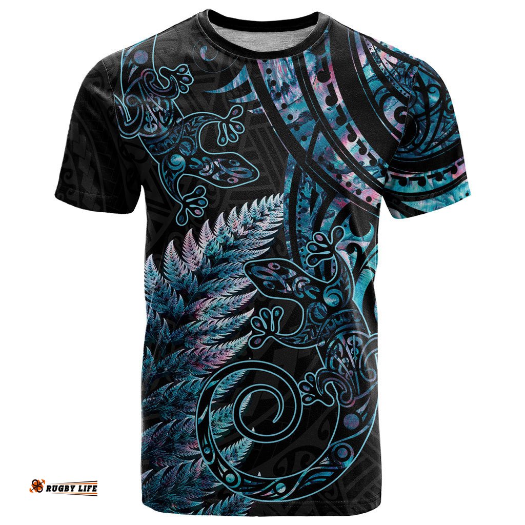 new zealand lizard t shirt silver fern aotearoa maori with paua shell