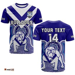 custom text and number bulldogs rugby t shirt canterbury bankstown 1935 indigenous artsy