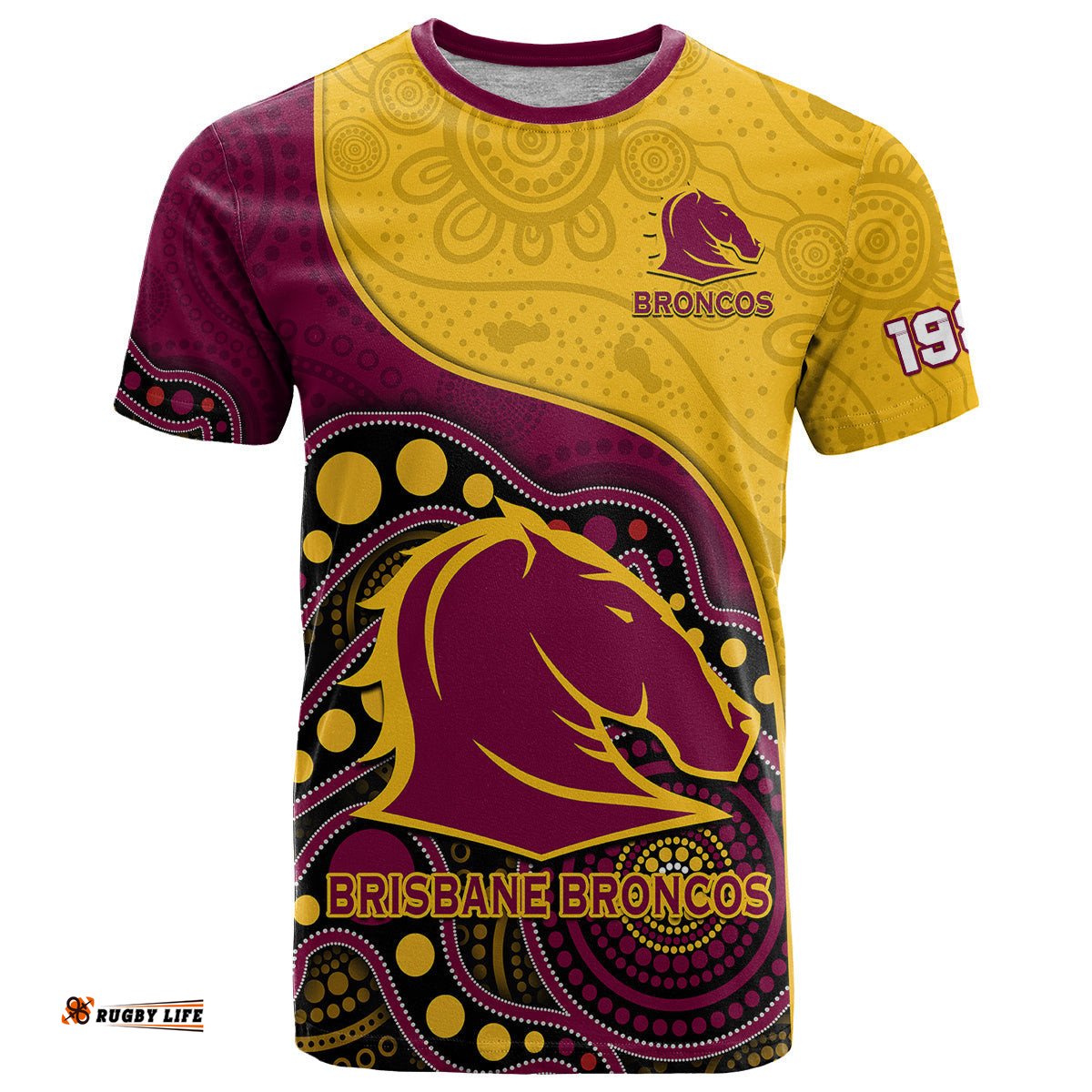 custom text and number broncos rugby t shirt brisbane 1987 indigenous art