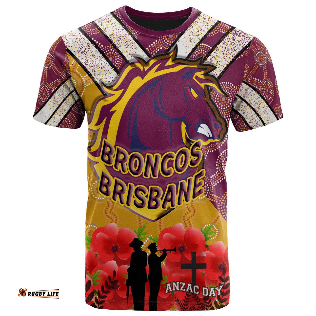 broncos rugby t shirt aboriginal and anzac day with poppy flower patterns t shirt