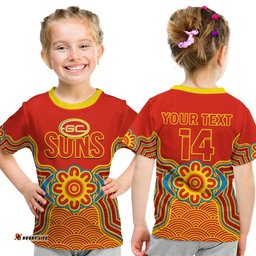 custom text and number gold coast football t shirt suns indigenous pattern