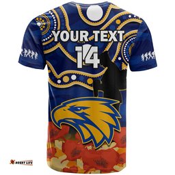 custom text and number eagles football anzac 2023 t shirt west coast indigenous mix poppy camouflage
