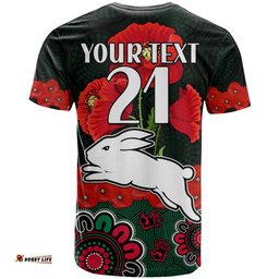 custom text and number anzac 2023 nrl rabbitohs rugby t shirt the bunnies 1908 poppy flowers mixed aboriginal