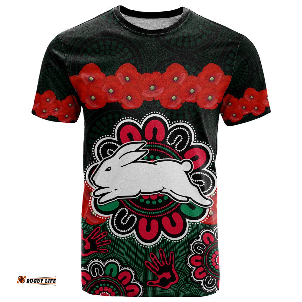 custom text and number anzac 2023 nrl rabbitohs rugby t shirt the bunnies 1908 poppy flowers mixed aboriginal