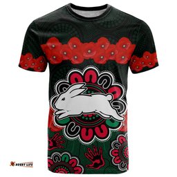 custom text and number anzac 2023 nrl rabbitohs rugby t shirt the bunnies 1908 poppy flowers mixed aboriginal