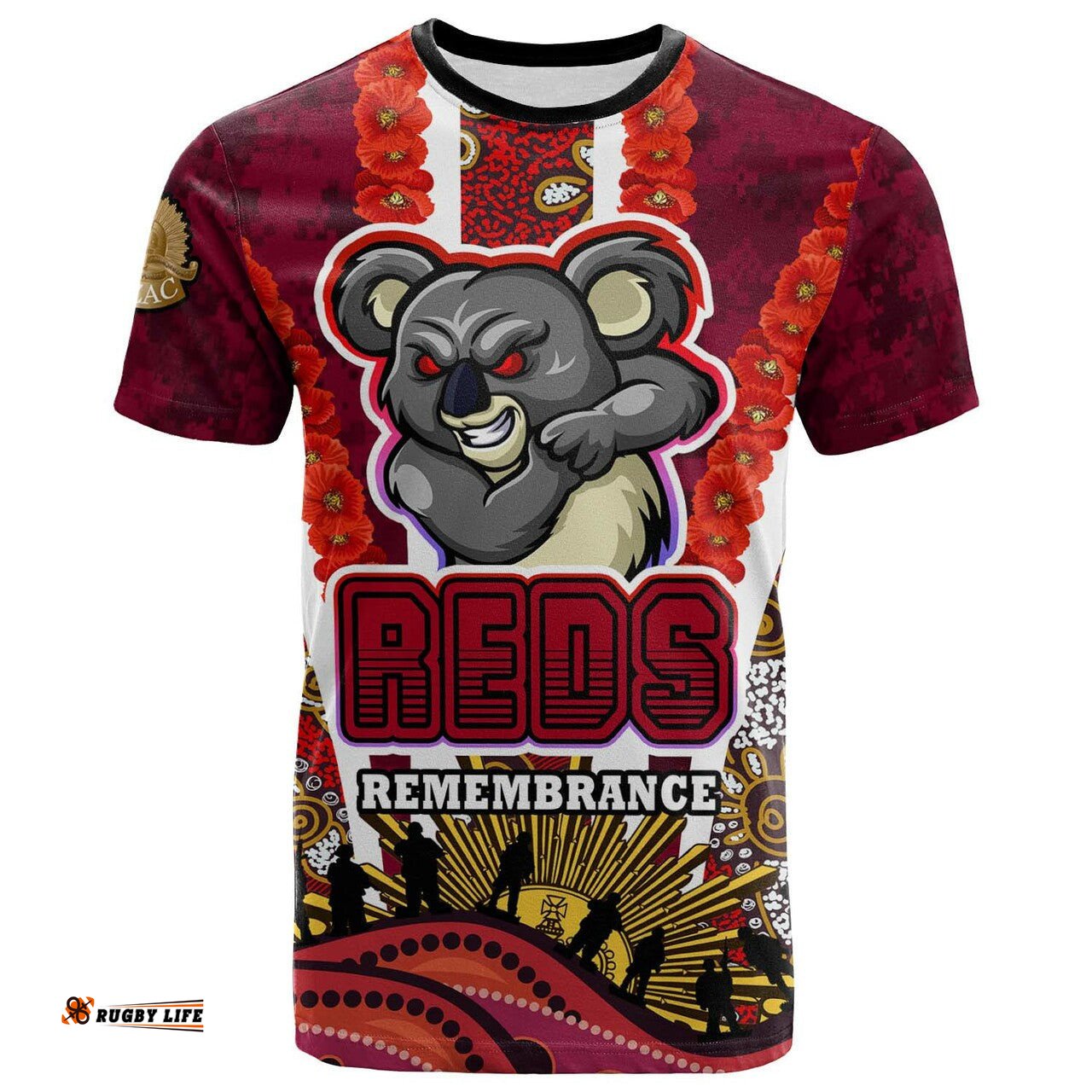 reds rugby t shirt custom anzac day queensland reds aboriginal poppy with koala t shirt