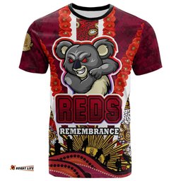 reds rugby t shirt custom anzac day queensland reds aboriginal poppy with koala t shirt