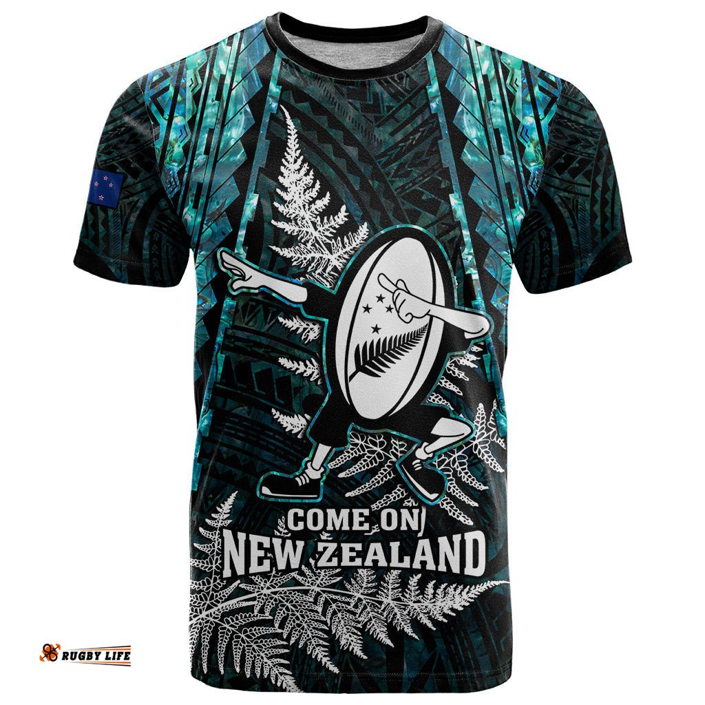 new zealand silver fern rugby t shirt aotearoa all black dabbing ball with maori paua shell