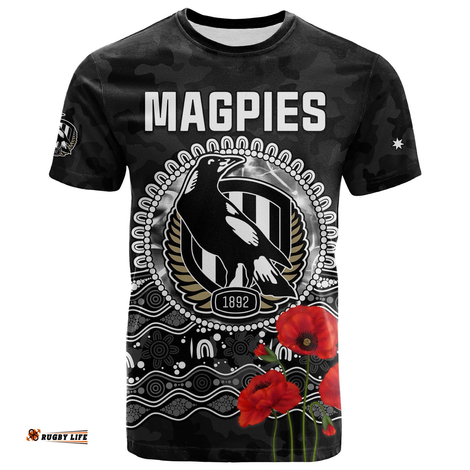 custom personalised magpies football anzac day t shirt speical poppy mix aboriginal