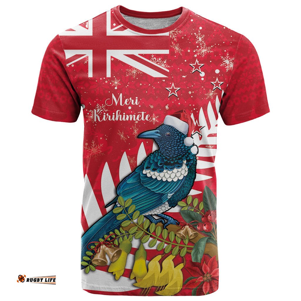 new zealand christmas in july t shirt tui bird with kowhai meri kirihimete
