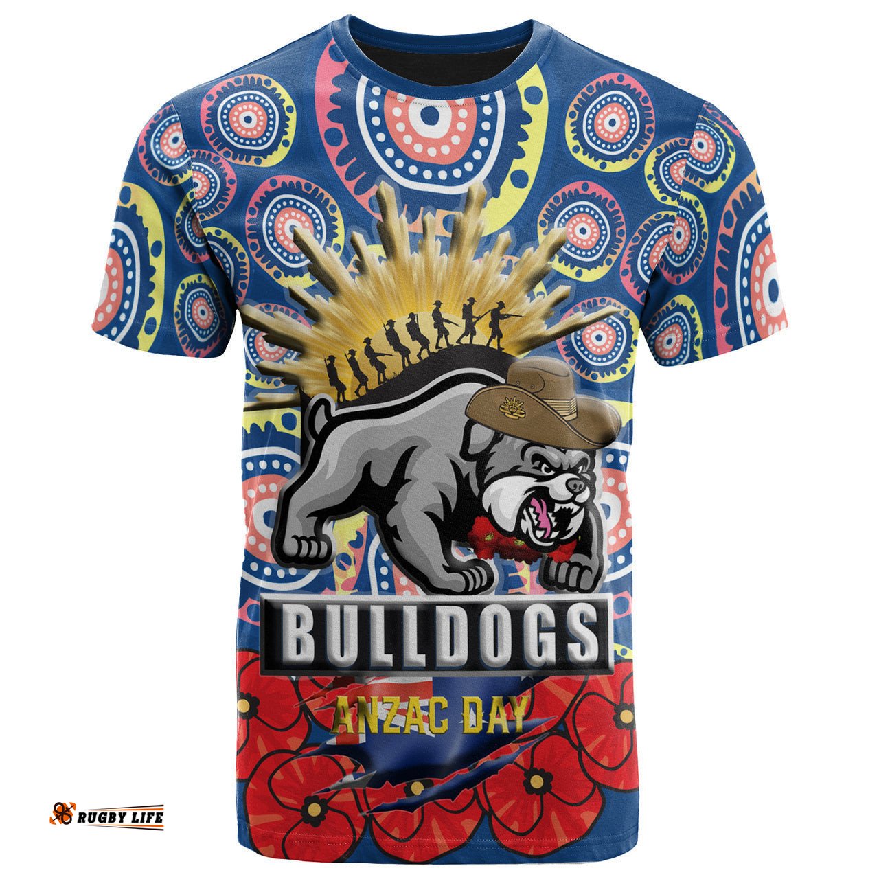 bulldogs rugby t shirt aboriginal and anzac day with poppy flower patterns t shirt