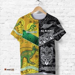 custom personalised new zealand maori all black and australia wallabies aboriginal t shirt rugby together
