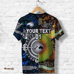 custom personalised new zealand maori aotearoa and australia aboriginal t shirt together blue custom text and number