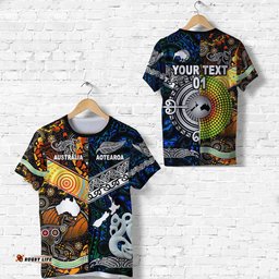 custom personalised new zealand maori aotearoa and australia aboriginal t shirt together blue custom text and number