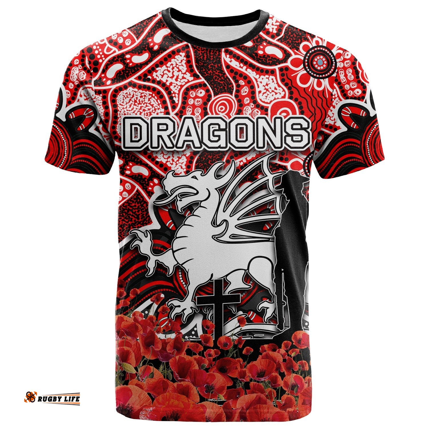 st george dragons t shirt anzac day poppy flowers with aboriginal