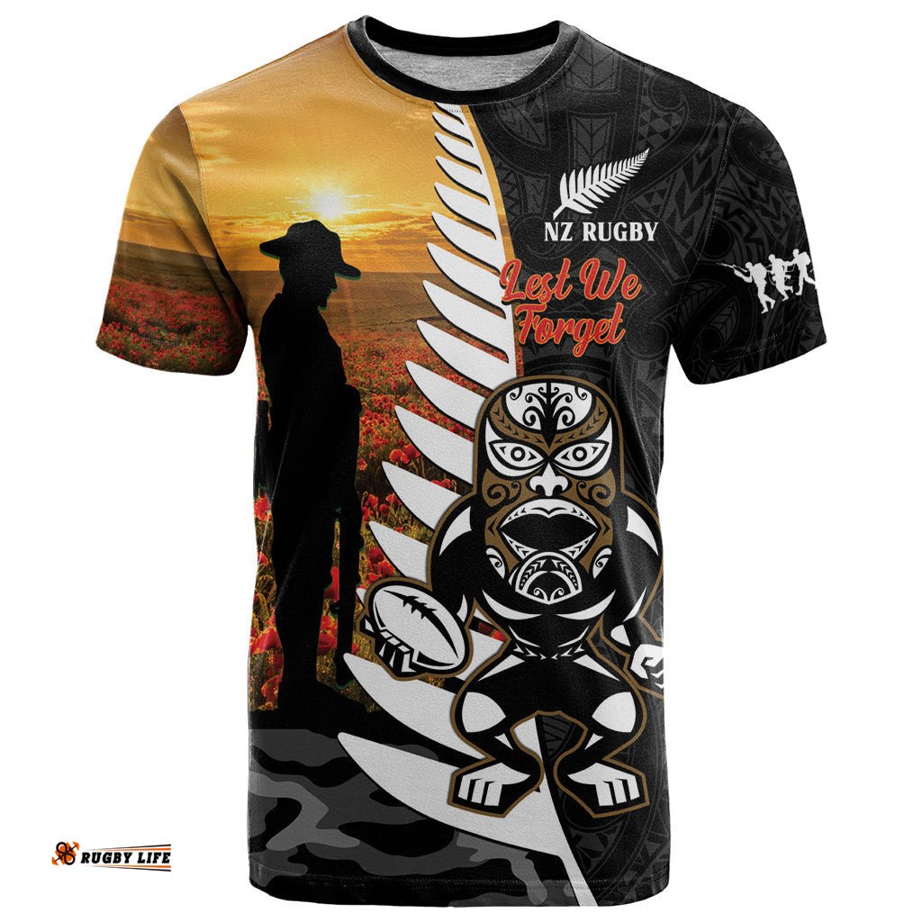 custom new zealand silver fern rugby anzac day t shirt 2024 all black tiki mascot