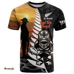 custom new zealand silver fern rugby anzac day t shirt 2024 all black tiki mascot