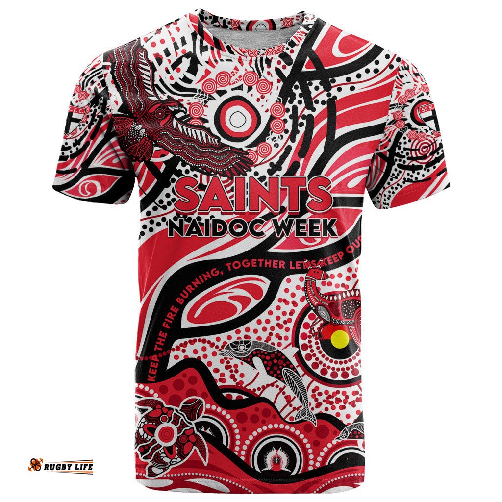 custom naidoc week 2024 saints t shirt aboriginal animals keep the fire burning dt02