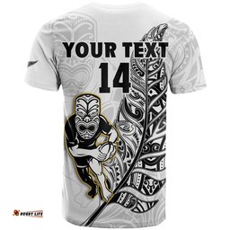 custom text and number new zealand silver fern rugby t shirt all black maori version white