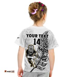 custom text and number new zealand silver fern rugby t shirt all black maori version white