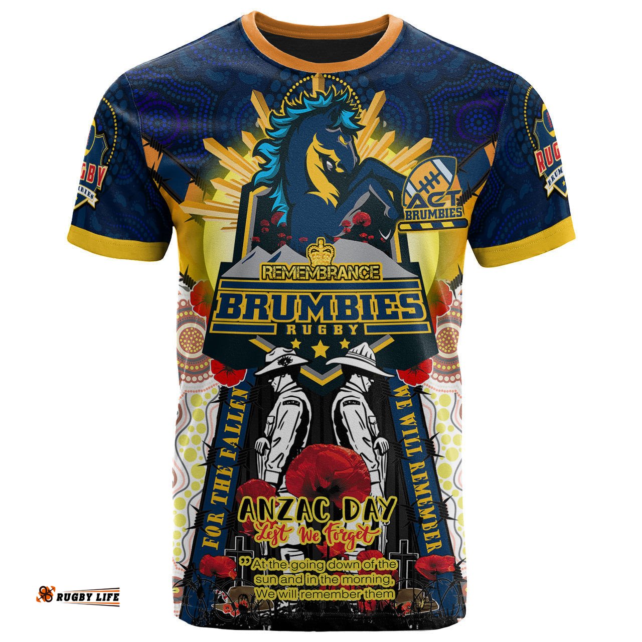 brumbies rugby custom t shirt remembrance canberra act brumbies with indigenous patterns and poppy flowers