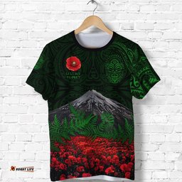 warriors rugby t shirt new zealand mount taranaki with poppy flowers anzac vibes green