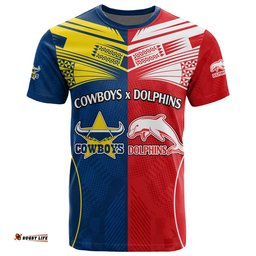 custom text and number nrl half dolphins and half cowboys rugby t shirt sporty style