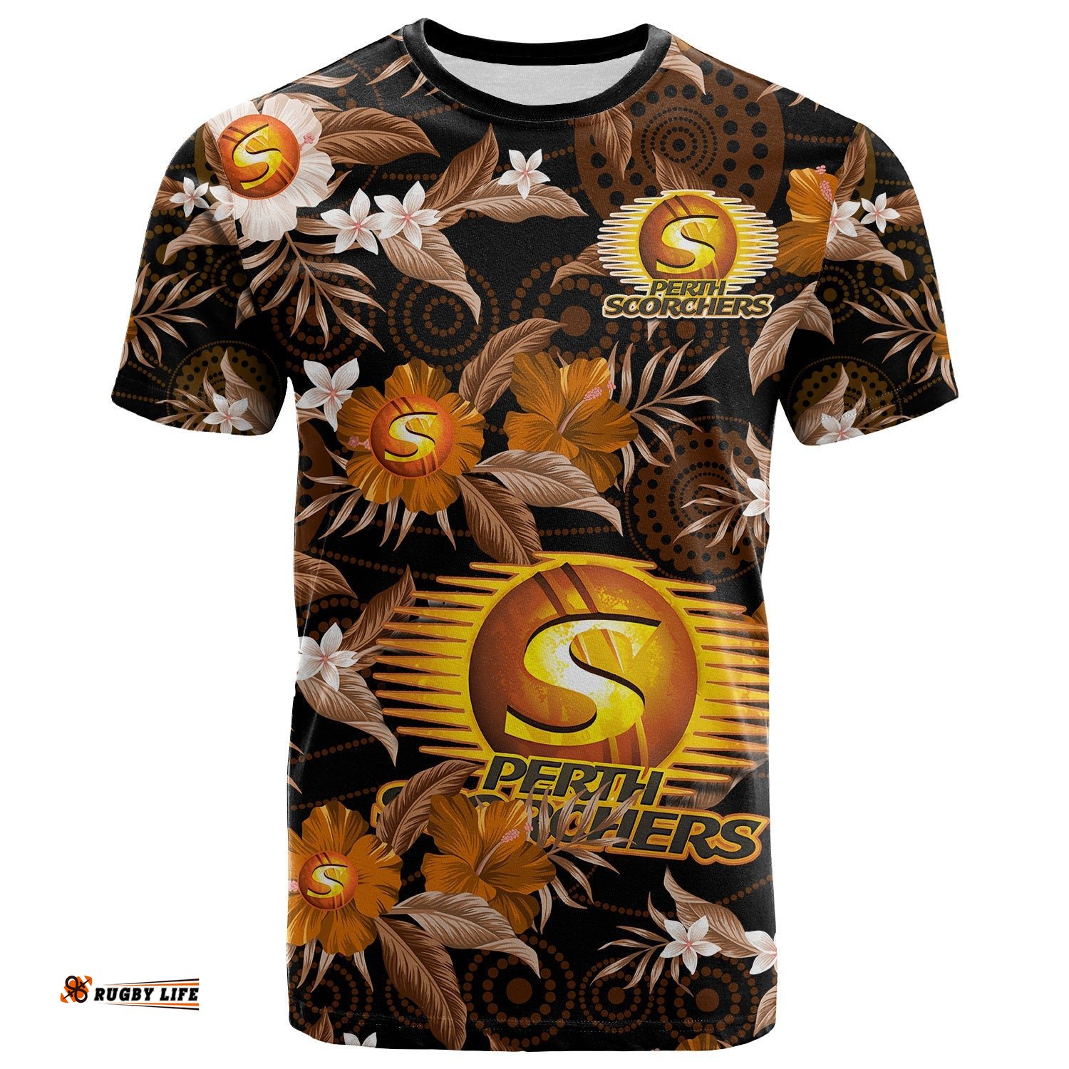 custom text and number perth scorchers cricket t shirt aboriginal art mix tropical flowers