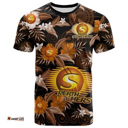 custom text and number perth scorchers cricket t shirt aboriginal art mix tropical flowers