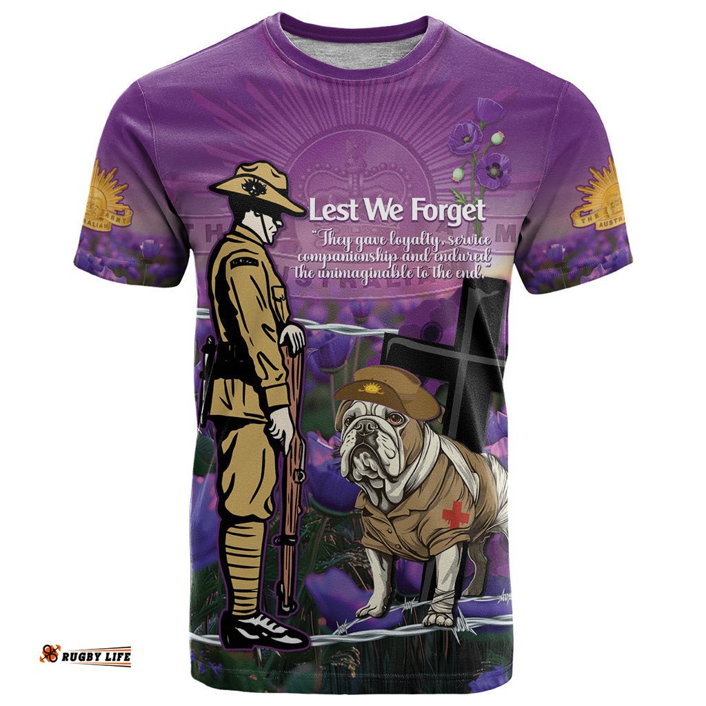 australia dog heroes anzac t shirt remembering all animals in war purple poppies