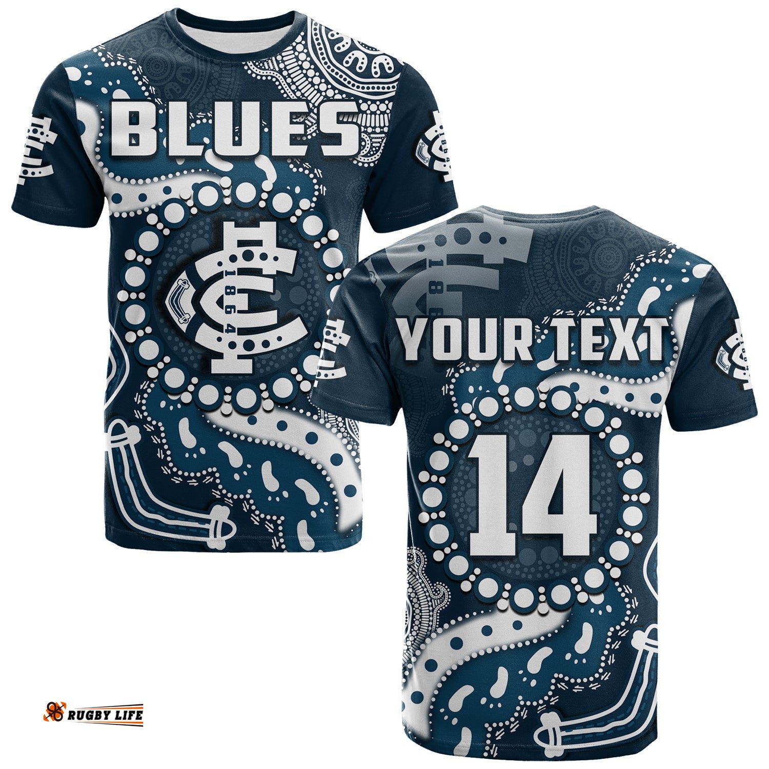 custom text and number carlton football t shirt blues 1864 boomerang indigenous artsy