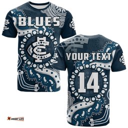 custom text and number carlton football t shirt blues 1864 boomerang indigenous artsy