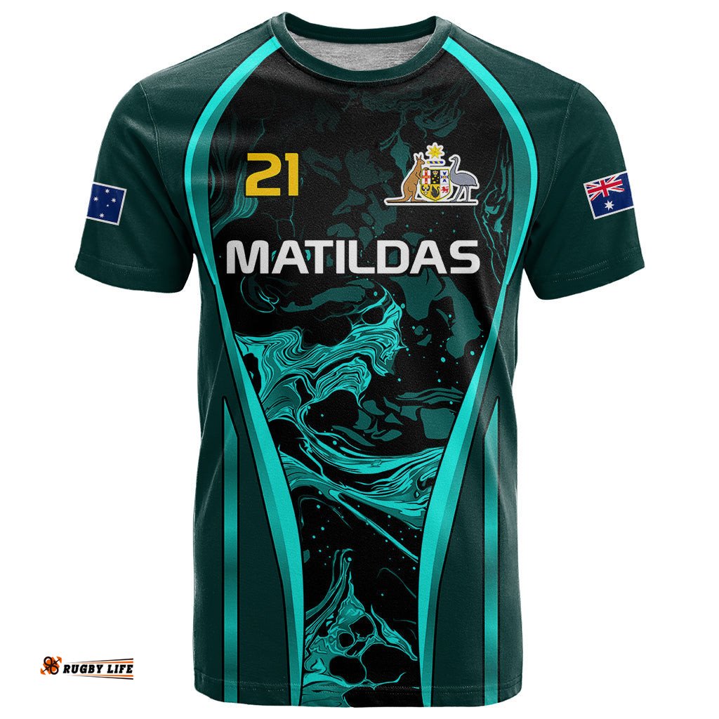 custom matildas australia soccer t shirt liquid marble texture vibe