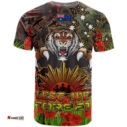 tigers rugby t shirt custom anzac tigers with remembrance poppy and indigenous patterns t shirt