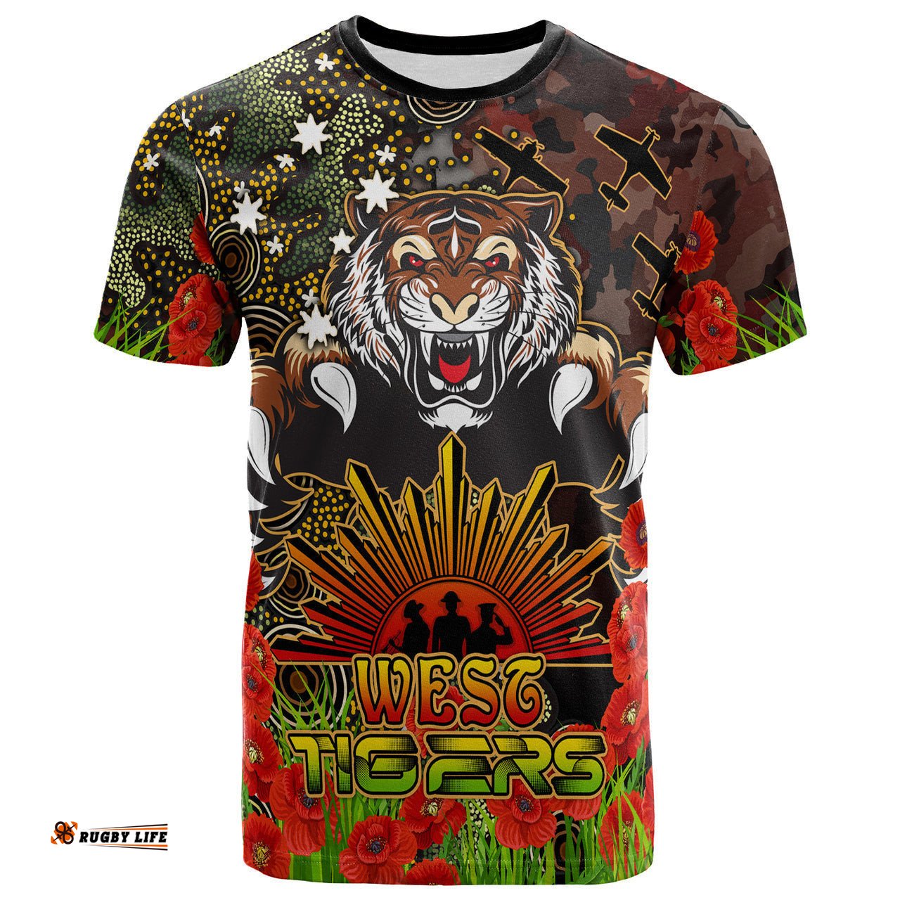 tigers rugby t shirt custom anzac tigers with remembrance poppy and indigenous patterns t shirt