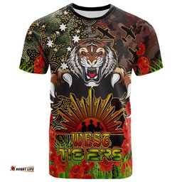 tigers rugby t shirt custom anzac tigers with remembrance poppy and indigenous patterns t shirt