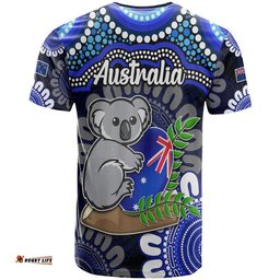 australia koala aboriginal t shirt koala hugging rugby ball blue