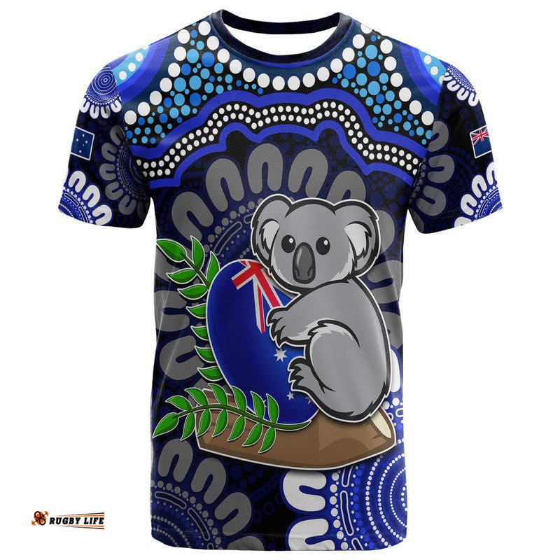 australia koala aboriginal t shirt koala hugging rugby ball blue