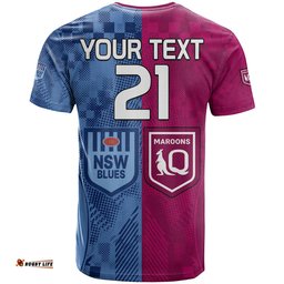 custom text and number blues and maroons rugby t shirt state of origin nsw combine qld sporty style 2023
