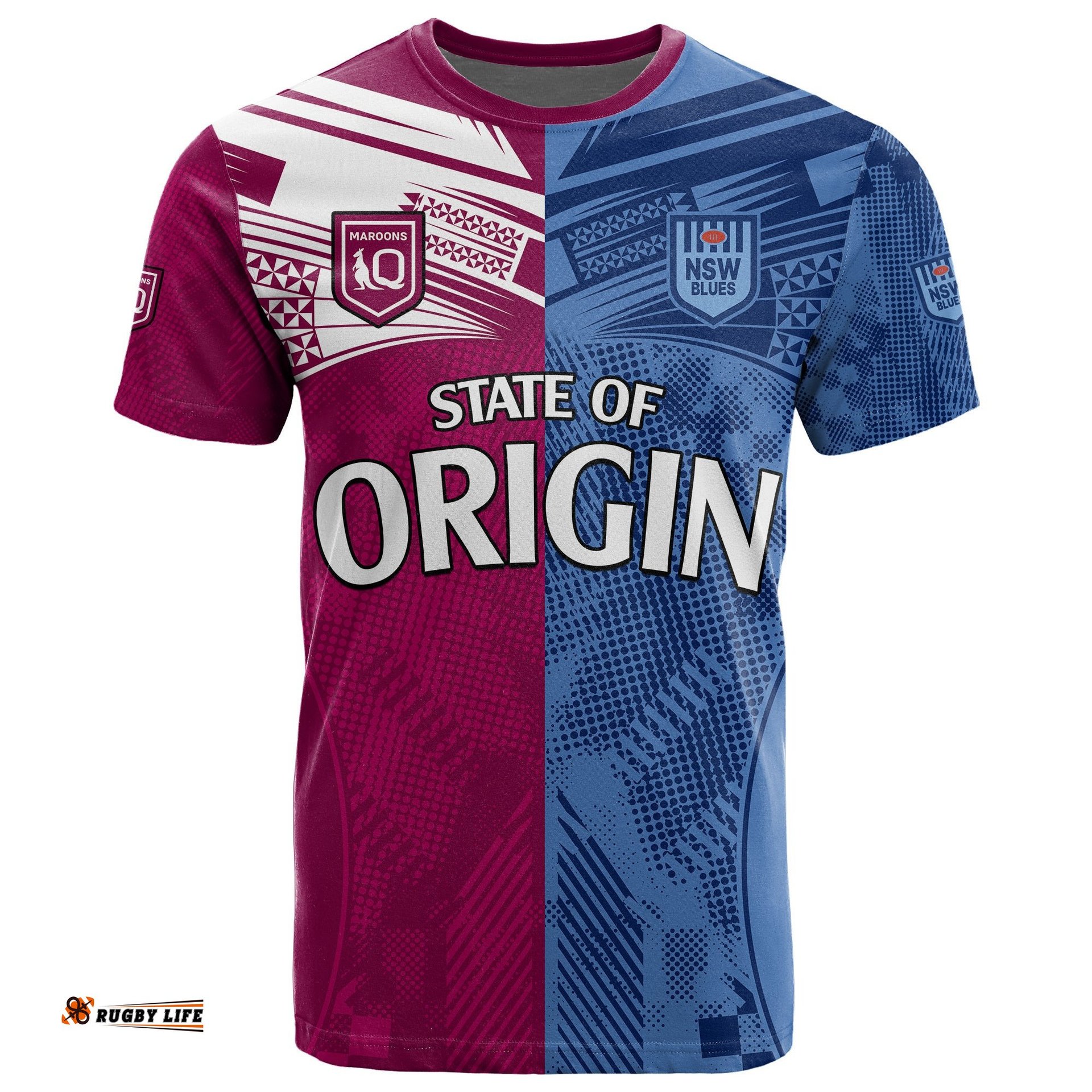 custom text and number blues and maroons rugby t shirt state of origin nsw combine qld sporty style 2023
