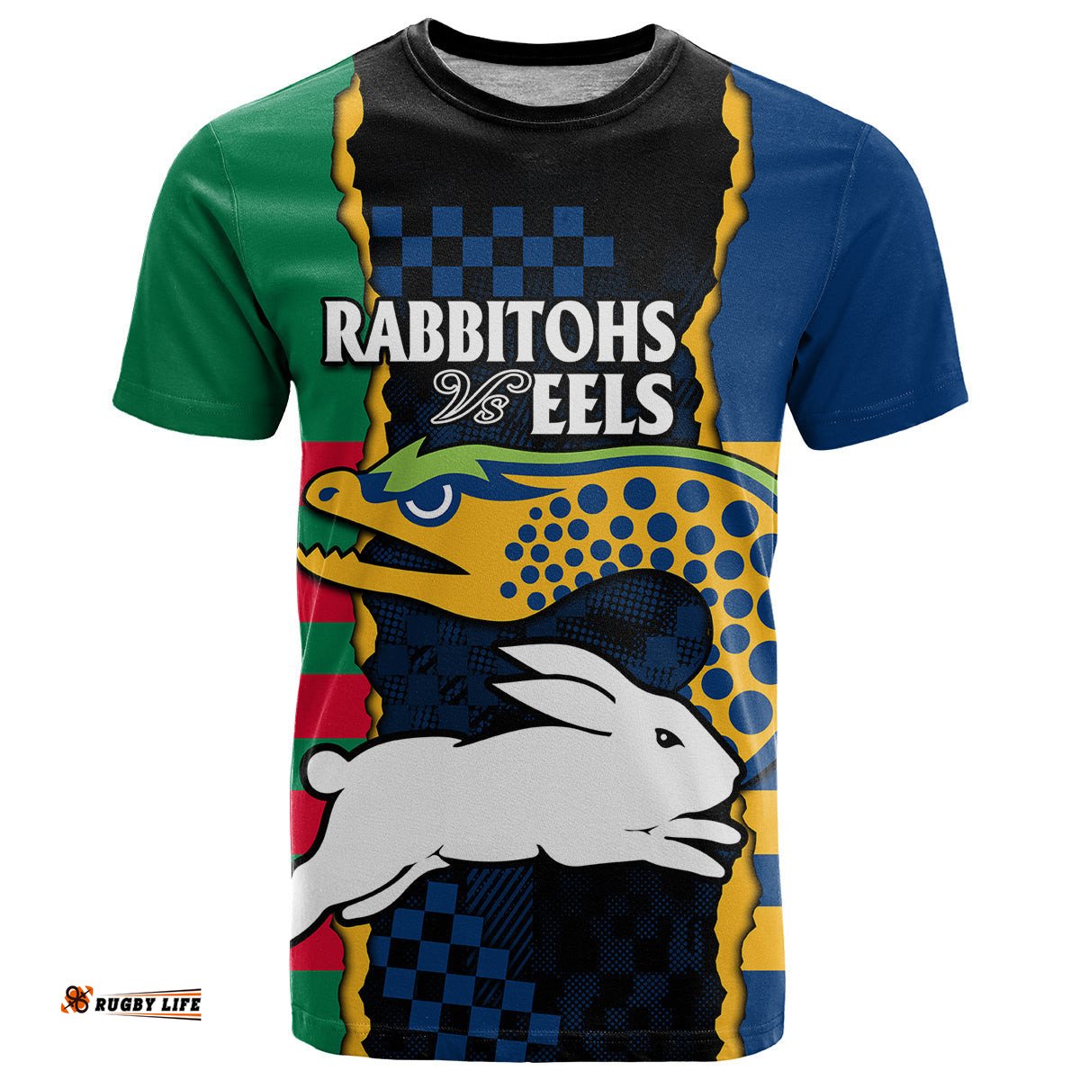 custom text and number nrl combine rabbitohs and eels t shirt