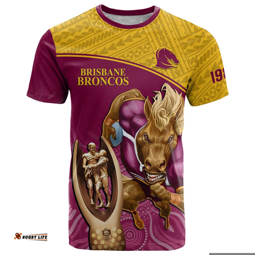 custom brisbane broncos rugby t shirt go champions 2023 mascot with polynesian indigenous art